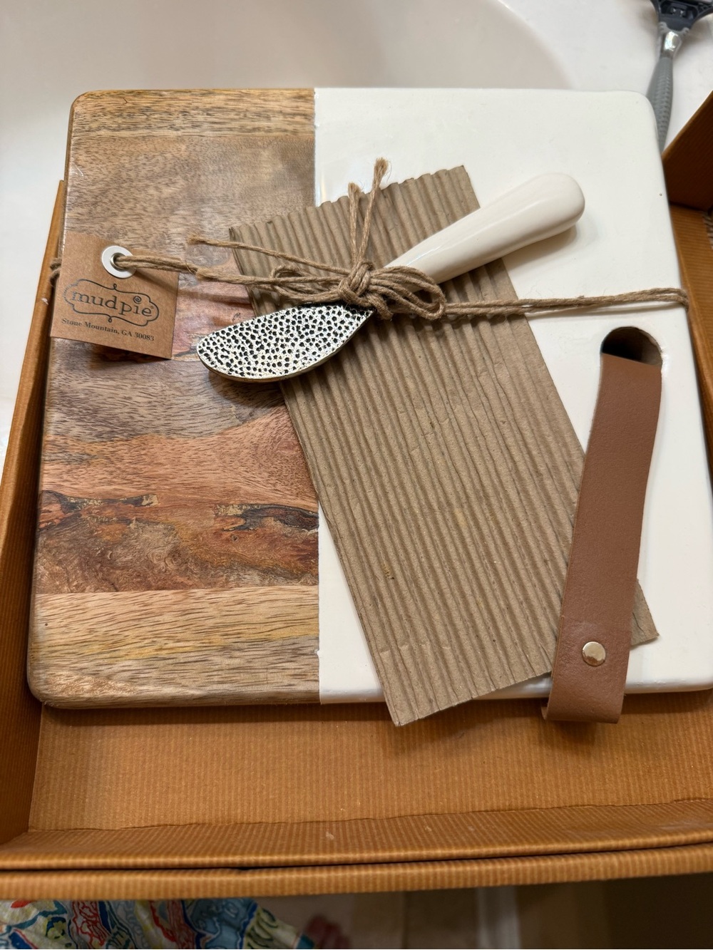 Mud Pie Wood & White Marble-Look Cheese Board with Brown Leather Strap